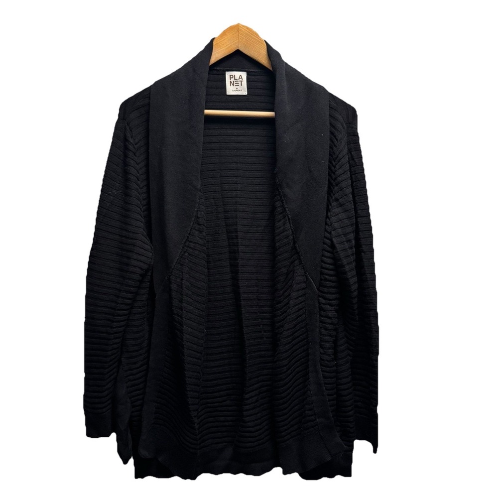Planet by Lauren G Women's One Size Black Ribbed Knit Open Cardigan Sweater euc